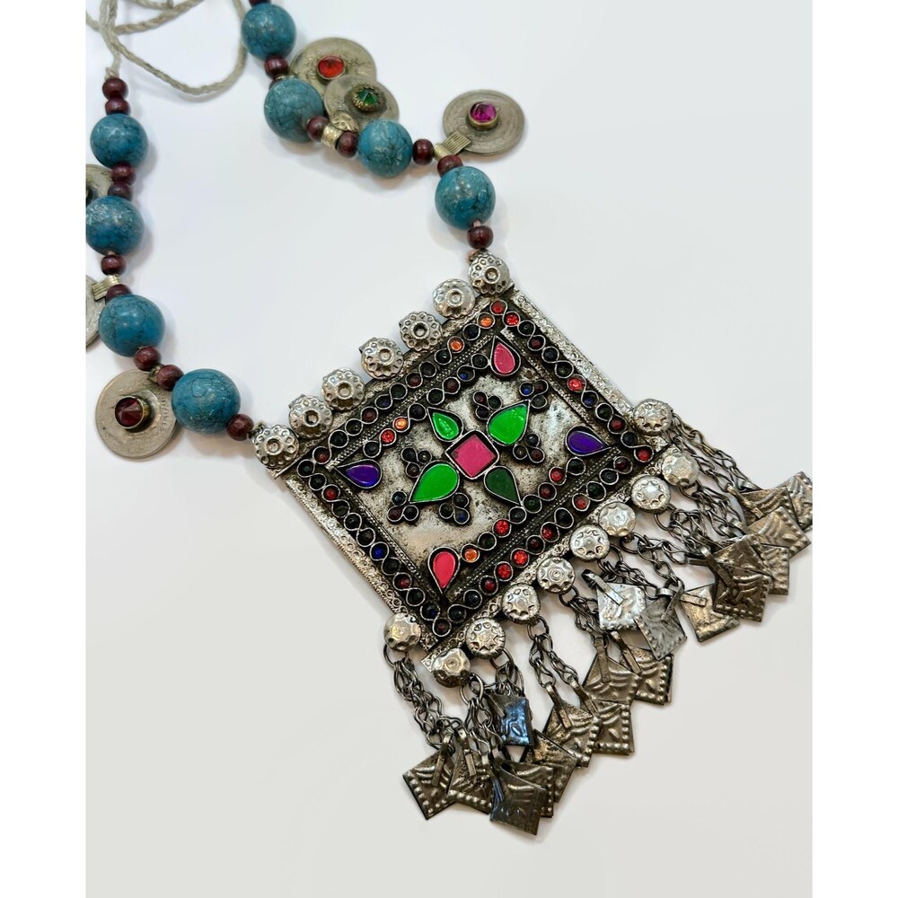 Vintage Kuchi Afghan Necklace: Middle Eastern Coin & Turquoise Statement